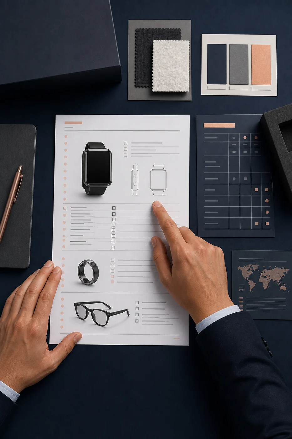 Smart watch, smart ring and smart glasses arranged for B2B sourcing research